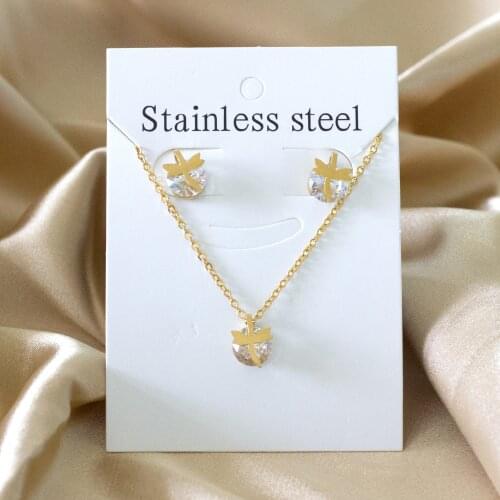 Dragonfly Shape Round Cubic Zirconia Pendant Necklace Earrings Set 316L Stainless Steel Jewelry Set for Girl Women Gift