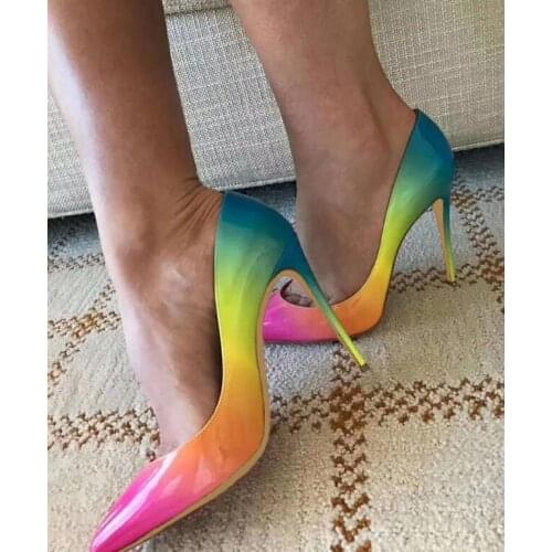 Fashion Patchwork Pointed Toe Gladiator High Heels Women Pumps Sexy Rainbow Color Stiletto Lady Dress Shoes Party Shoes