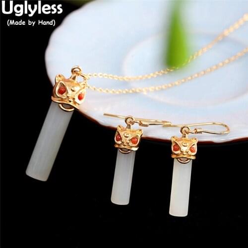 Uglyless China Chic Lion Dance Animals Jewelry Sets for Women Cylinder Nature Jade Earrings Pendant Necklace NO Chain 925 Silver