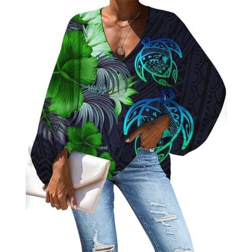 HYCOOL Polynesian Turtle Design Fall Long Sleeve Womens Tops And Blouses Sexy V Neck Blusas Elegantes Loose Plus Size Tops Women