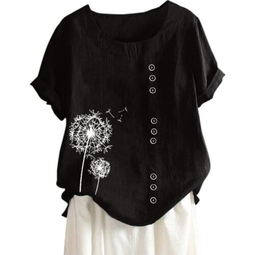 Women 's Summer Dandelion Oversize Butterfly Print Short Sleeve Round Neck T-shirt Ladies Casual Linen Shirts Plus Size Tops 5XL