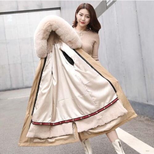 Women parka real rex rabbit fur liner coat ladies long fur overcoat hooded with fox fur collar female winter outerwear