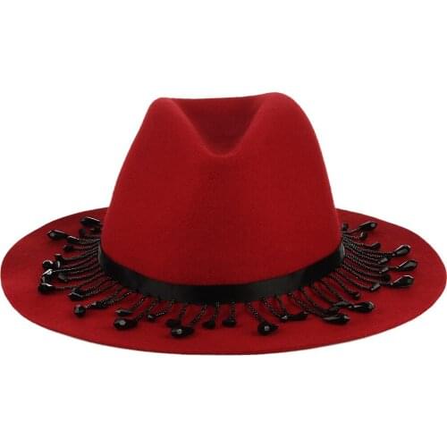 Ladies Wool Fedoras Hat Women European American Tassel Drop Chain Decorated Cap Female Jazz Fashion Casual Banquet Hats H7190