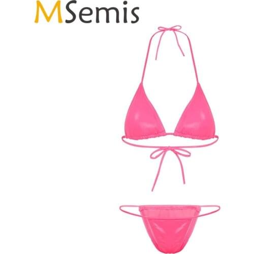 MSemis Women Wet Look Bikini Swimsuit Swimwear Bathing Suit Halter Neck Padded Triangle Bra Top with High Waist Briefs Bottoms