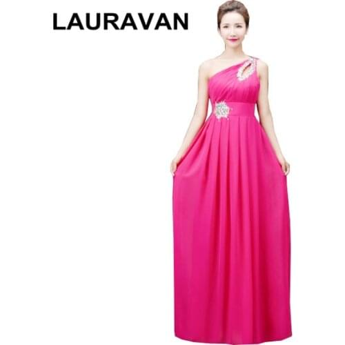 Robe de soiree elegant women hot pink fuchsia one shoulder long dress bridesmaids womens chiffon party dresses wedding party