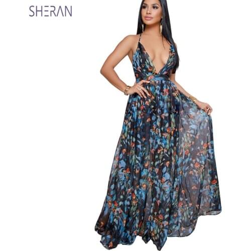 SHERAN Womens Summer Sexy Dress Floral Deep V Neck Strap Chiffon Maxi Long Dress Party Dresses Backless Clubwear Vestidos