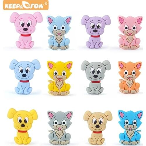 Keep&Grow 10pcs Cartoon Dog Cat silicone beads Baby Teether DIY Toy Necklace Pendant Rodent Pacifier Chain childrens products