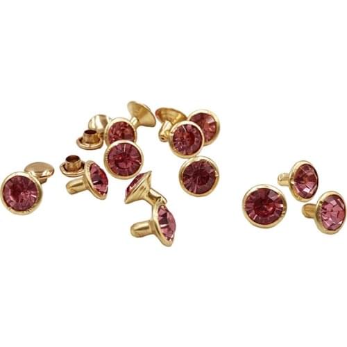 100Sets 8mm Light Pink Glass Crystal Rhinestone Rivets Leather Rivet Golden Metal Base Studs For Clothing Bag Leathercraft Rivet