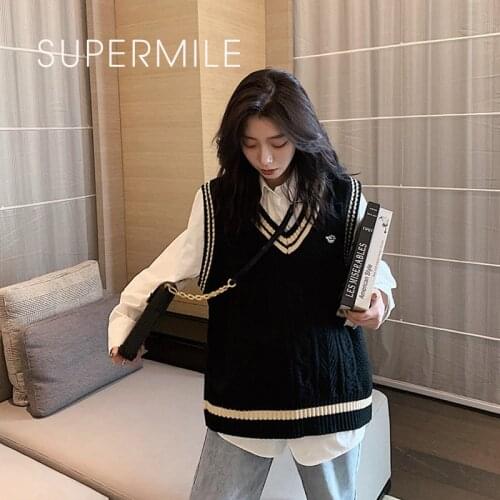 2021 Black V-Neck Preppy Women Sweater Vest Loose Knitted Vintage Student Waistcoat Chic Oversize Knitwear Ladies Tops Spring