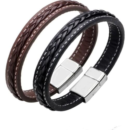 Kirykle Brown Black Genuine Braided Leather Wrap Bracelet Men Male Stainless Steel Magnet Bracelets women man charm jewelry