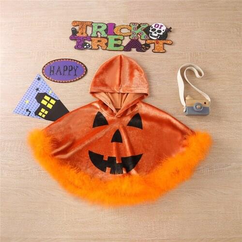 Children Halloween Hooded Cape Unisex Baby Cartoon Happy Ghost Printing Feather Edge Shawls Cloak Jacket Cosplay Costume
