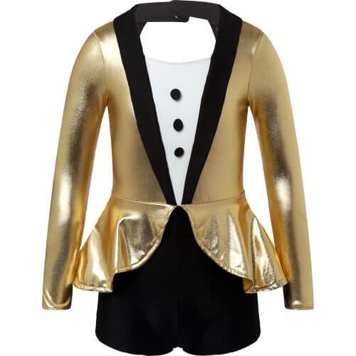 Kids Girls Dance Leotard Shiny Metallic Dancewear Ballet Dress Long Sleeve Built-in Shorts Jazz Modern Unitard Bodysuit Jumpsuit