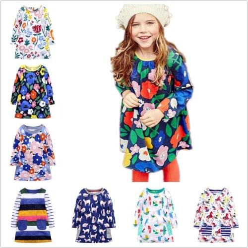 Floral Baby Girls Dress Cotton Children One-Piece Dresses Long Sleeve Knee Length Girls Clothes Blouse Outfits Jumpers