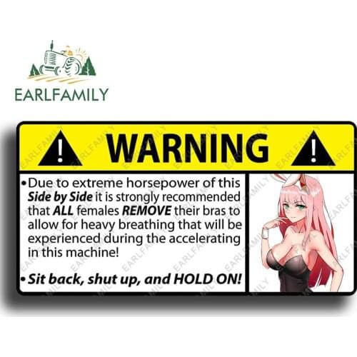 EARLFAMILY 13cm x 6.7cm for Zero Two No Bra Warning Car Accessoires Stickers Anime Decal Waterproof Funny Caravan RV JDM VAN
