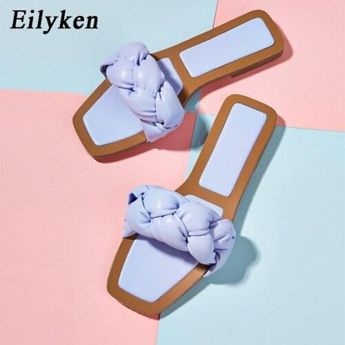 Eilyken Summer Fashion Weaving PU Leather Slip-On Holiday Casual Beach Slippers Women Cozy Square Toe Ladies Flat Slides Shoes