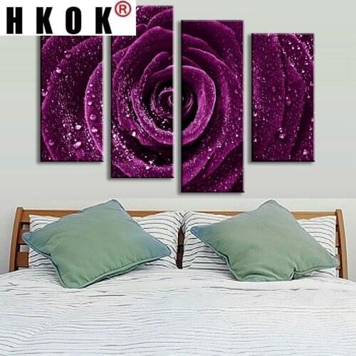 HKOK 4 Panels Purple Rose Flower Raindrops HD Printed Poster Wall Art Canvas Painting Modular Pictures Living Room Home Decor