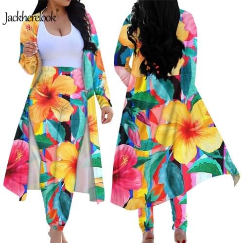 Jackherelook Vintage Aloha Hibiscus Anthurium Print Long Sleeve Open Front Cardigans Skinny Pants Suits Women 2 Piece Outfits