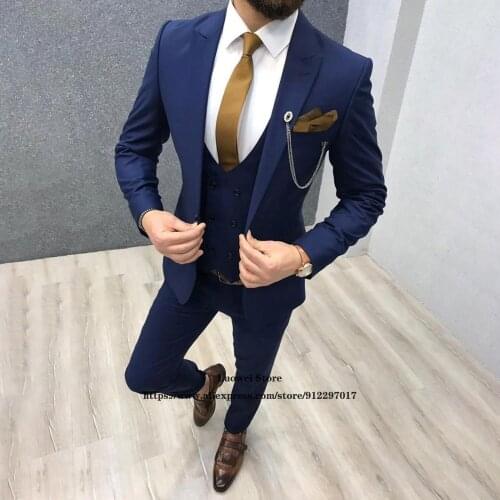Classic Slim Fit Mens Suits Peaked Lapel 3 Piece Jacket Vest Pants Set Wedding Groom Tuxedo Formal Business Blazer Costume Homme