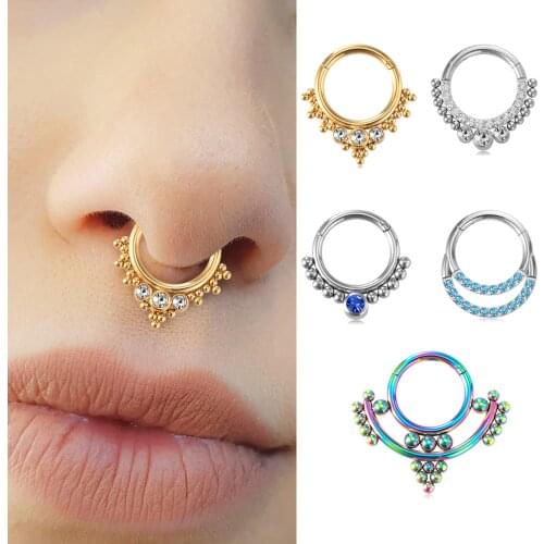 1PC Surgical Steel Nose Ring Cartilage Earring Zircon CZ Gem Cluster Beaded Hinged Septum Rings Clicker Septum Piercing Jewelry
