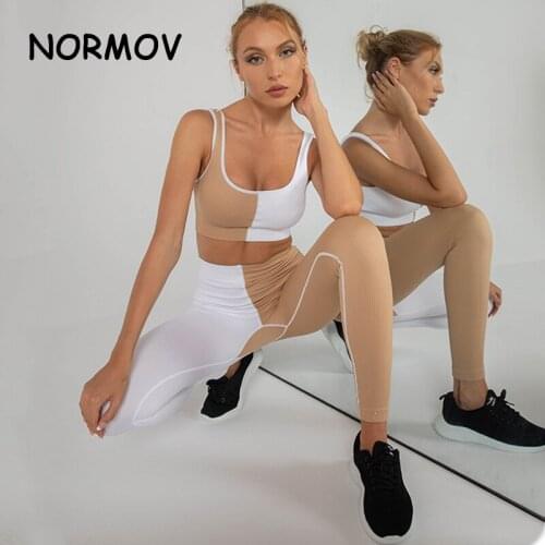 NORMOV New Seamless Set Women Contrast Color Suit High Waist Leggings+Sexy Sports Bra Fitness Workout Abdomen Womens Tracksuit