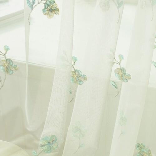 Korean Curtains for Living Dining Room Bedroom Small Fresh Green Embroidered Tulle Window Translucidus (Shading Rate 1%-40%)