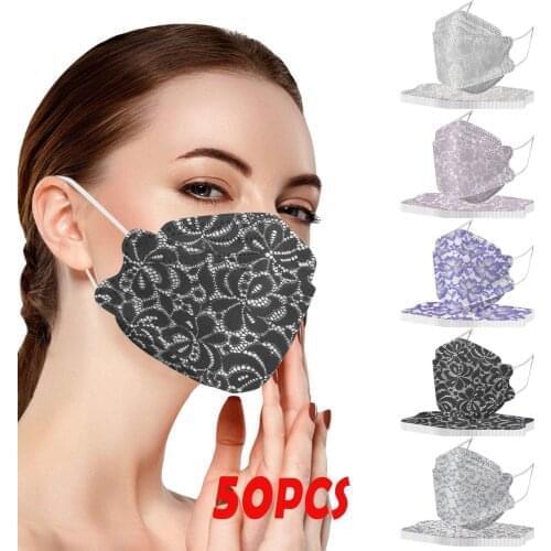 50pcs Adults Fish Mask Mascarillas Lace Prints Industrial Non Woven 4-layer Mask Face Mask Mixed Color Halloween Cosplay Masque