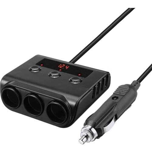 Mayitr 1pc 12V 3 Way Multi Socket Car Cigarette Splitter Lighter Adapter 4 Way USB Plug Charger With Red Digital LED Screen