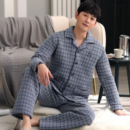 Mens Thick Pajamas Suits 2PCs Cotton Plus Size Leisure Wear Autumn Winter Comfortable Homewear Spring Noble Style Sleepwear