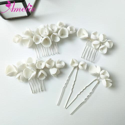 White Porcelain Ceramic Flower Hair Combs Pin Set Bridal Accessories Hair Jewelry For Wedding Women Headpiece