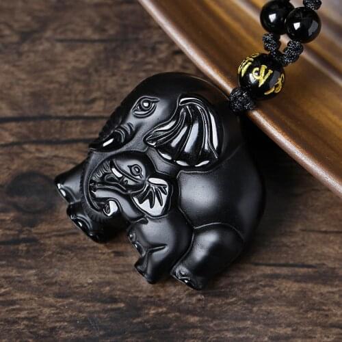 Natural stone Quartz crystal Black Obsidian hand Carved Elephant Amulet Pendant for diy jewelry making necklace