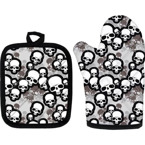 2021 New Personality Skull Pattern Extreme Heat Resistant Oven Gloves Baking BBQ Accessories Oven Mitts Anti-Hot Insulation Pad