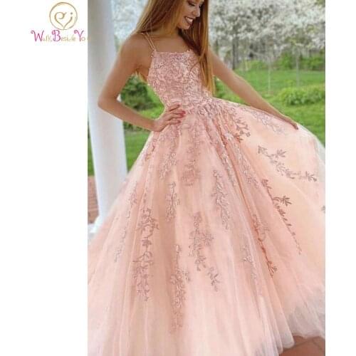 Pink Evening Dresses Long Dress for Graduation Grade 9 Lace Applique Elegant Spaghetti Strap A Line Fashion 2020 Prom Gowns