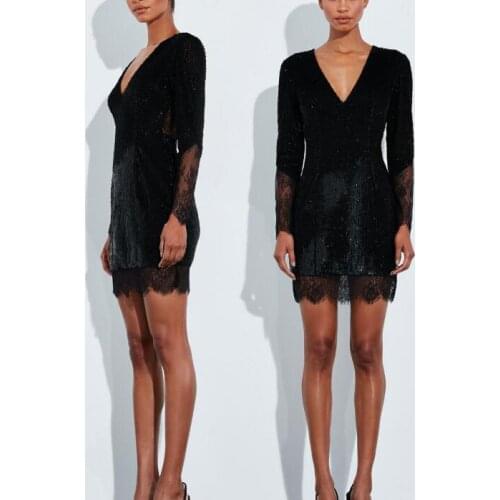 Stylish Womens Sexy V-neck Lace Stitching Sequins Dress Elegant Long Sleeve Bodycon Sexy Mini Dress Fashion Party Clothes