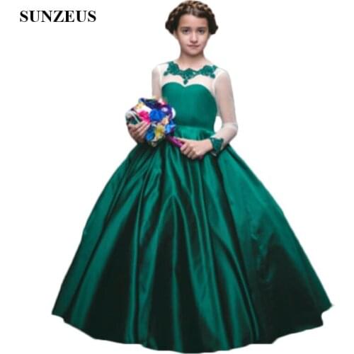 Sheer Tulle Long Sleeve Birthday Party Dress Scoop Puffy Skirt Emerald Green Satin A-Line Wedding Party Dress Flower Girls Wear