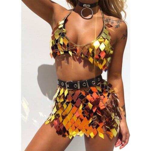 Colorful Shiny Metal Sequined Two Piece Set Halter Low Cut Hollow Out Crop Top Hot Patchwork Skirt Rave Festival Two Piece Sets