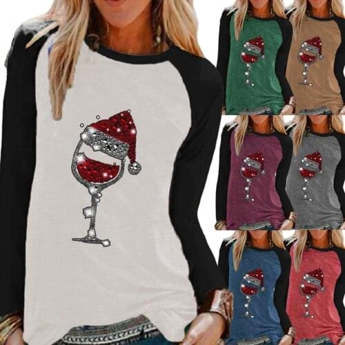 Womens Fashion Christmas Red Wine Glass Printed Comfortable Sweatshirt Casual Round Neck Raglan Sleeve Long Sleeve T-shirt