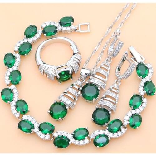 Women AnniversaryGift Wedding Jewelry Set Necklace Sets Earrings Ring Bridal 925 Silver Green Zircon Crystal Bracelet