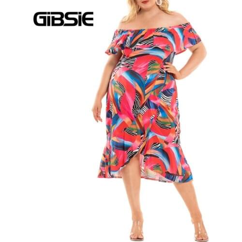 GIBSIE Plus Size Print Off The Shoulder Ruffle Dress Women Summer High Waist Fashion Party Bodycon Midi Dresses Streetwear