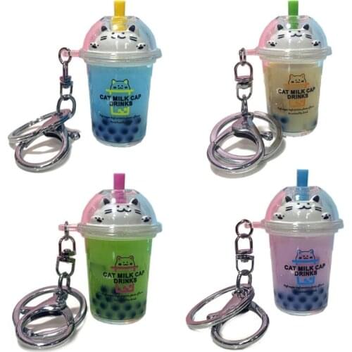 1Pc Key Ring Cute Mini Cartoon Cat Milk Tea Bottle Keychain Car Coffee Key Chain Pendant Bag Key Ring For Kids Women Gifts
