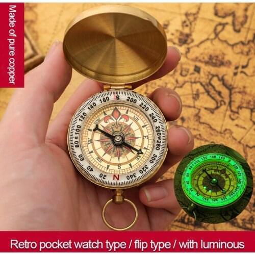 1PCS Outdoor Camping Hiking Compass Portable Pocket Brass Gold Color Copper Compass Navigation with Noctilucence Display