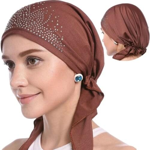 2019 Fashion Muslim Headscarf Hat Thin Summer Women Inner Hijab Bonnet Solid Diamond Turban Caps India Head Wrap Hats For Lady