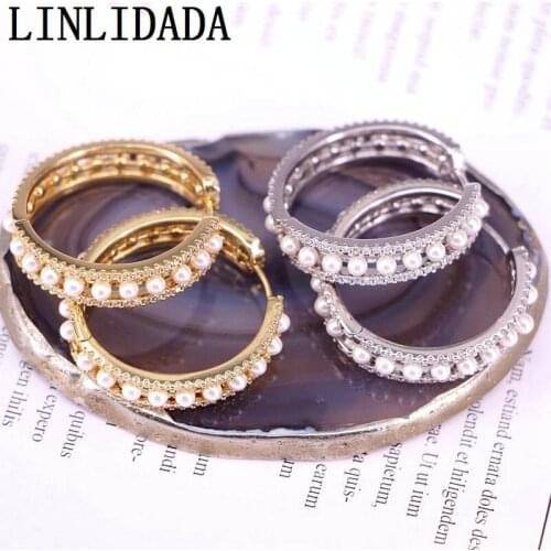 3Pairs 32MM, Trendy CZ Micro Pave Earrings Pearl bead Metal Round Gold / Silver Color Hoop Earrings For Women Girls