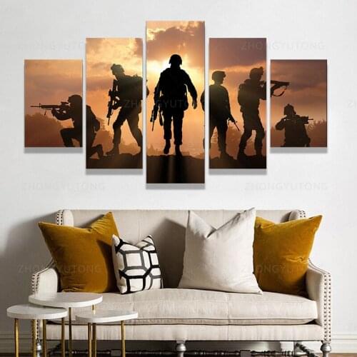 HD Printed 5 Piece Patriotic US Military Painting Soldiers Canvas With Army Sunset Wall Pictures For Living Room Battlefield