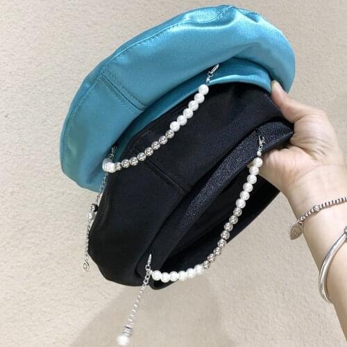 2021 Beret Hats for Women with Pearls Chain Solid Autumn Winter Cap Visors for Lady Newsboy Hats Black Green White Berets Caps