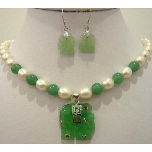 Free Shipping White pearl light green natural stone elephant pendant necklace earring set