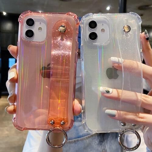 Glitter Laser Wrist Strap Phone Case For iPhone 11 12Pro Max XR XS Max X 7 8 Plus 12 Mini 11Pro Transparent Corners Bumper Cover