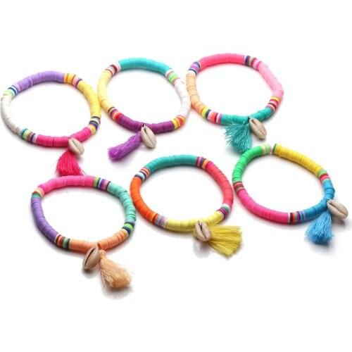 Bohemian Multicolored Polymer Clay Heishi Beads White Cowrie Seashell Tassels Stretch Bracelet Women Girl 2020 New Surf Jewelry