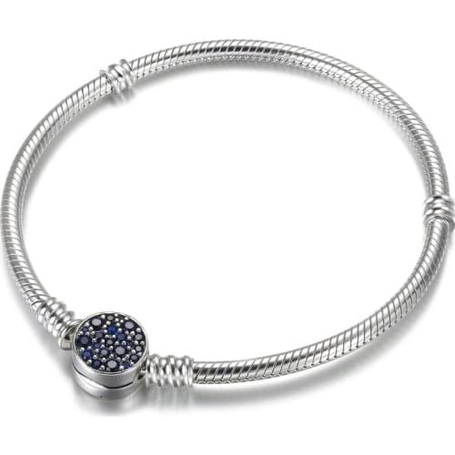 S925 Bead Charm Dangle Bracelet for Women Moments Sparkling Blue Disc Clasp Snake Chain Bracelet Girl Lady Gift