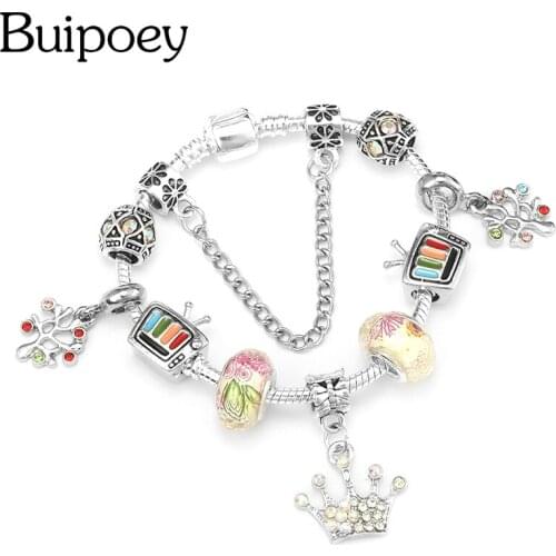Buipoey Multicolor Coral Crown Dangle Charm Bracelets For Women Girls Original Shiny TV Set Beads Snake Chain Bangle Child Gift