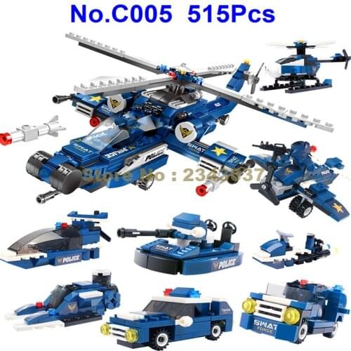 C005 515pcs 8in1 Swat Police Helicopter Car Helicopter Boat Weapon 8 Building Blocks Toy